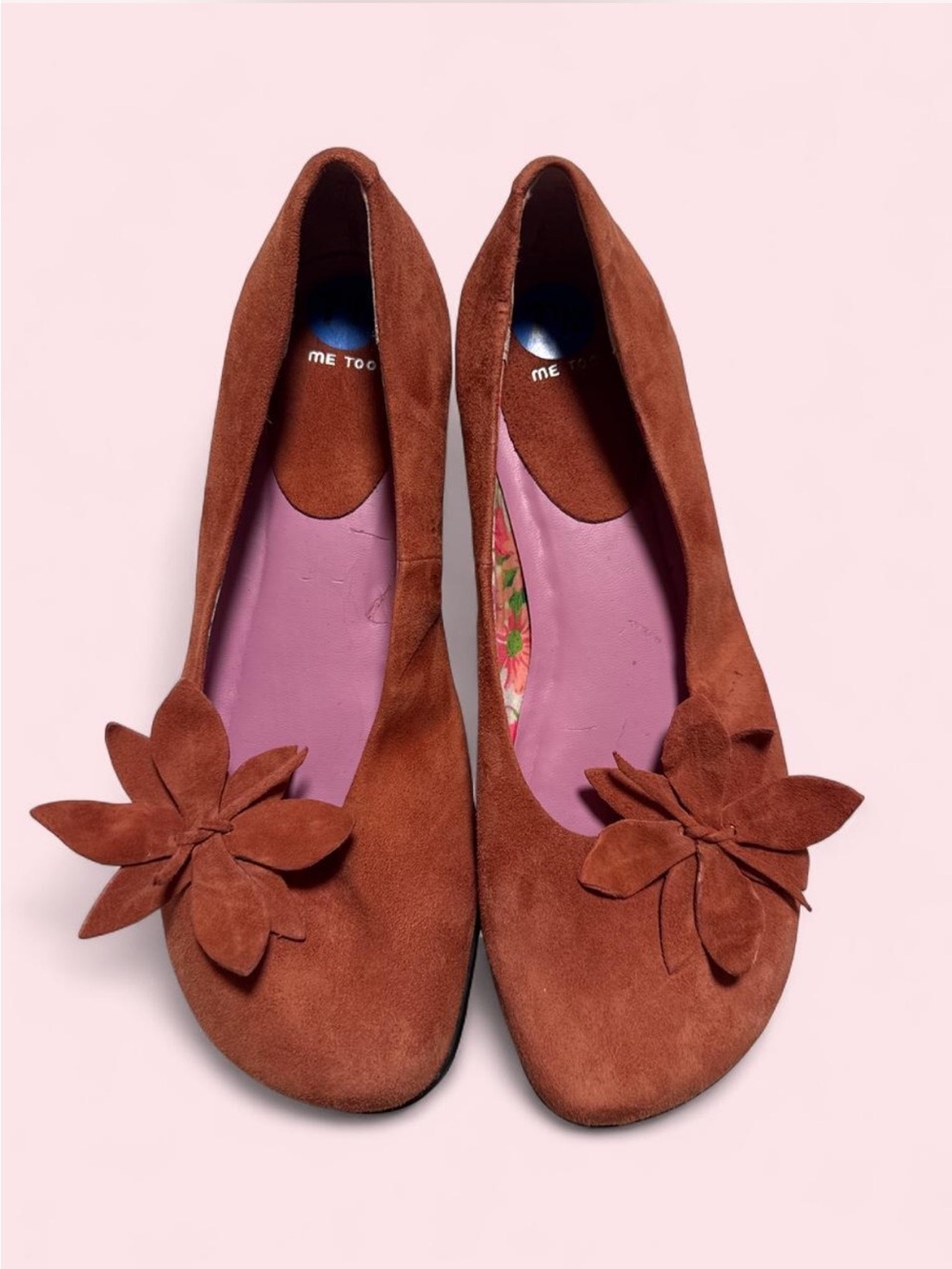 me too Suede Floral-Accent Ballet Flats in Rust Brown
